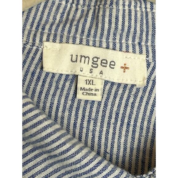 Umgee Women's 1XL plus blue whie stripe button down tunic top shirt lace long - Picture 3 of 6